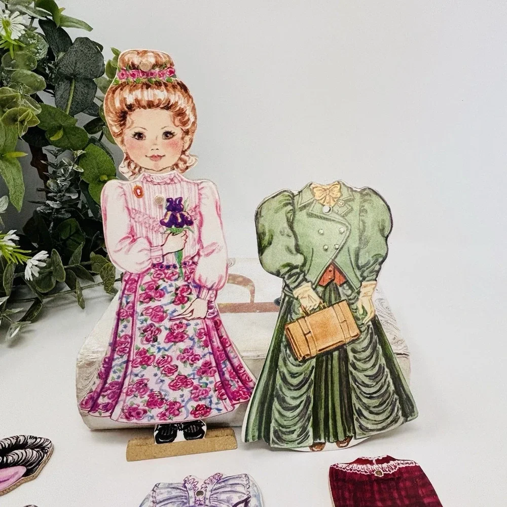 Vintage Wooden Paper Dolls Victorian Dress Up & Fireplace Lot Cottagecore